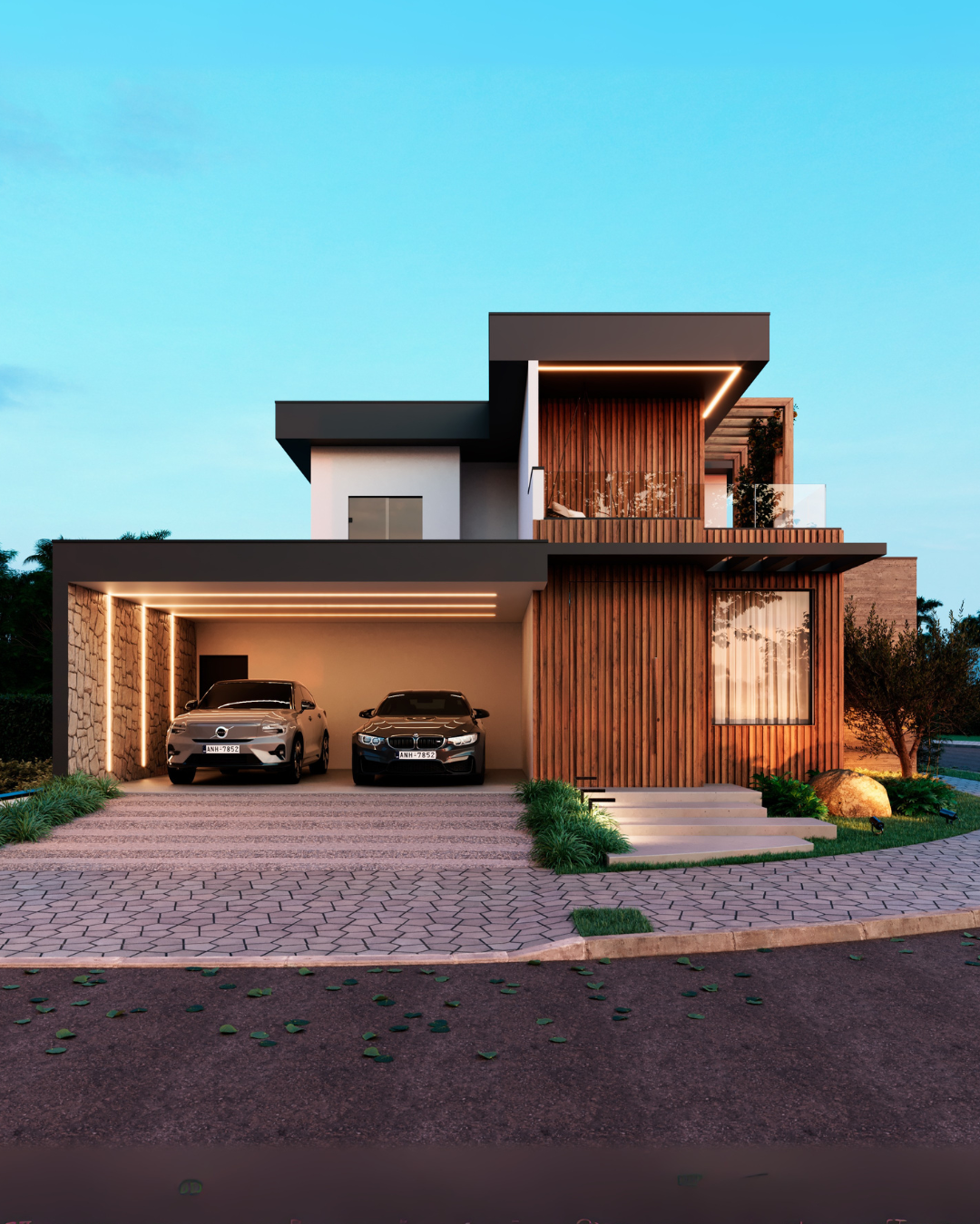 Fachada da Casa L&K ao entardecer